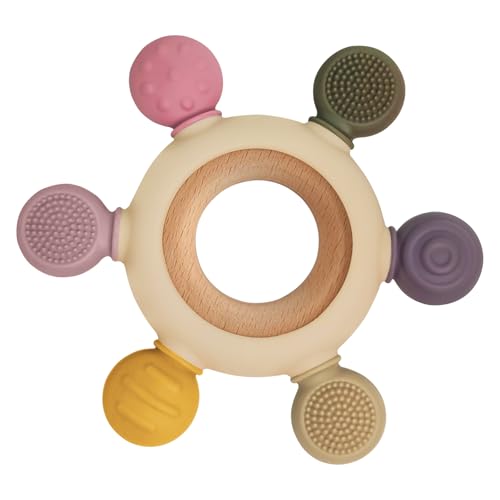 Image of Baby Teething Toys with Wooden Ring, Teethers for Babies 3-6 Months, Wooden Baby Toys, Easy to Grasp Toy for Baby Teething Relief, Chew Toys for Sucking Needs, Silicone Baby Teether BPA Free