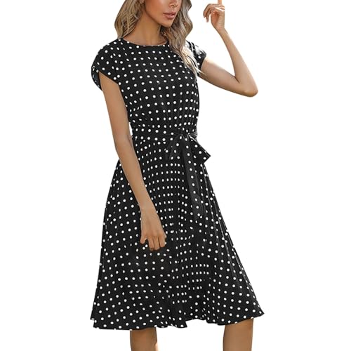 Vhersily Midi-Kleid mit dynamischen Falten und kurzen Ärmeln für Retro-Chic Look - Polka Dots Kleid Damen dekorative Punkte Muster Retro Stil 70er...