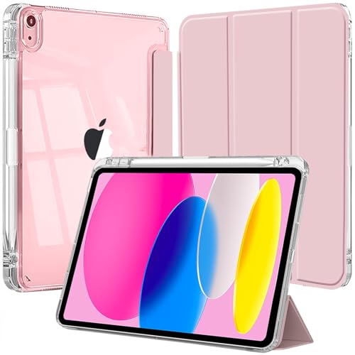 EspZanthic Funda para iPad (A16) 11.ª/10.ª Generación (2025/2022) con Portalápiz y Suave TPU Bumper, Clara Transparente Carcasa Trasera Soporte Antigolpes Cover Tableta, Rosado