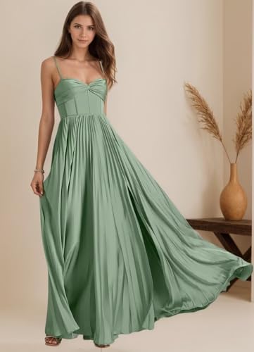 Basgute Satin Bridesmaid Dresses for Women Slit Long A Line Pleated Wedding Guest Dress Formal Cocktail Gown4