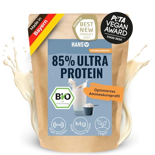 HANS Brainfood 85% Bio ULTRA fermentiertes Erbsen-, Reis- & Hanfprotein 1kg neutral - Veganes Proteinpulver - Bio Proteinpulver in Rohkostqualität aus Erbsenprotein, Reisprotein, Hanfprotein