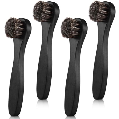 Image of 4 Pcs Horsehair Shine Shoes Brush Kit Polish Dauber Applicators Cleaning Leather Shoes Boots Care Brushes Suede Cleaner Brush with Microfiber Shoe Cloth(Black Handle A)