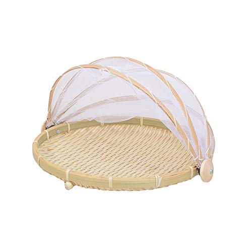 YASHANG Bamboo Tent Basket Food Serving Mesh Cover Hand Woven Insect Bug Proof Dustproof Fruit Vegetable Bread Storage Container for Picnic Outdoor Home Drying (Round M)