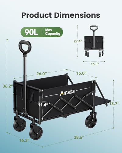 AMADA HOMEFURNISHING Bollerwagen faltbar, klappbarer Bollerwagen mit Maximalbelastung 163kg & Speicherung, Faltbarer Handwagen 90L mit 2 Getränkehaltern für Outdoor, Lebensmittel, Garten & Cam