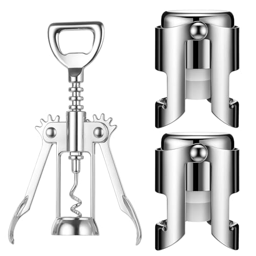 1 Pcs Wine Bottle Opener and 2 Pcs Champagne Stoppers Set, Corkscrew Wine Opener with Stainless Steel Champagne Stoppers, Essential Bar Accessories for Wine Lovers