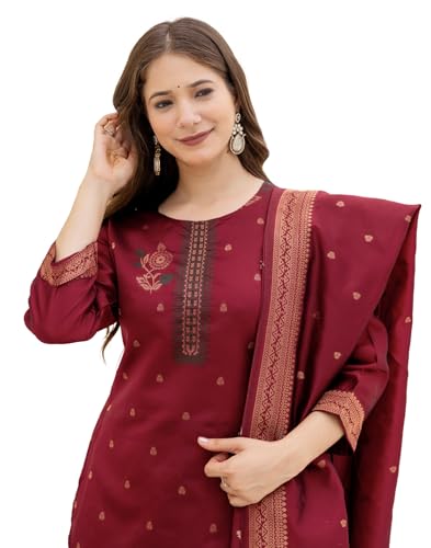 Image of Skylee Women's Silk Blend Woven Straight Kurta with Pant & Dupatta