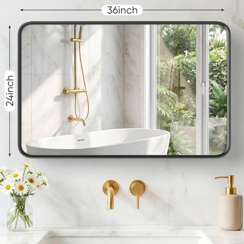 Image of NEWBULIG 24 inchx36 inch Wall Mirror, Bathroom Mirrors for Over Sink, Black | Matte Metal Framed Vanity Mirror with Tempered Glass, Entryway, Living Room, Bedroom