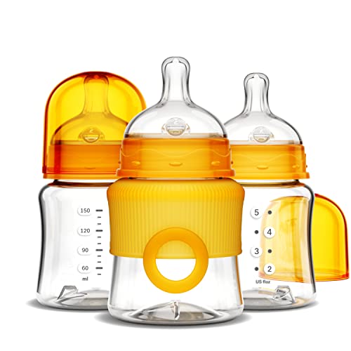 Image of Smilo, Baby Bottles, Orange, Smooth Flow Anti-Colic Feeding, 5 Ounce with Stage 0 Nipples (Pack of 3)