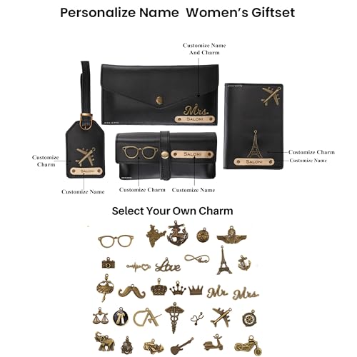 Image of AICA Personalized Name & Charm Passport Cover Combo Giftset for Women (Black) |Customized Diwali Valentine Gifts for Woman Friends Family Office Colleagues Employees | Occasion Special Hampers