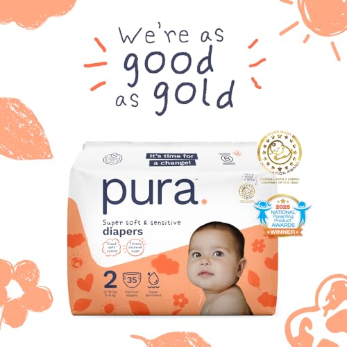 Image of Pura Baby Diapers Size 2-70 Count, 12-18lbs, 12hr Leak Protection, Soft & Gentle Diapers for Hypoallergenic & Sensitive Baby Skin, Toxin-Free*, Organic Cotton, Blowout Blocker, Wetness Indicator