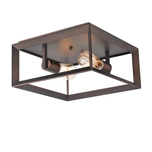 Image of Dazhuan Vintage Industrial 2 Lights Metal Square Cage Chandelier Flush Mount Ceiling Light Lamp