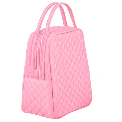 Large Quilted Fabric Cotton Reusable Inusulated Lunch Tote Bag Cooler Snack Bag Women Pretty Thermal Lunch box Storage Gift Bag for Work & Outdoor (Pink)