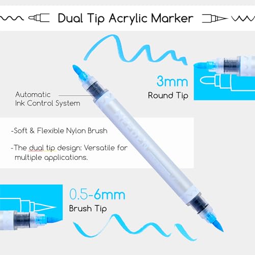 Image of MEEDEN Artist Acrylic Paint Markers: 48 Colors Dual Tip Acrylic Marker with Brush & Round Tip - Waterproof Paint Pens Markers with Automatic Ink Control for Wood, Canvas, Glass, Rock, DIY, Ceramic