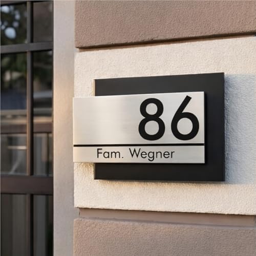 Hausnummernschild HOME von EDS-Werbemedien - Hochwertiges Hausnummer Schild in Edelstahl-Design - Individuell personalisierbares Haus Nummernschild aus UV- und witterungsbeständigem Material