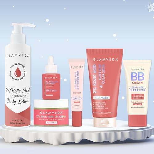 Image of Glamveda 2% Kojic Acid 6 Step Skincare Kit for Glowing Skin | Facewash, Serum, Spot Corrector, Body Lotion, Cream, BB Cream (Fair Tone) | Brightens Skin, Reduce Dark Spots & Pigmentation | Women & Men