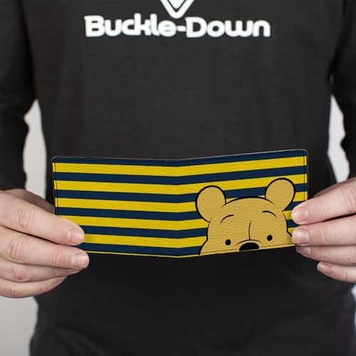 Buckle-Down Men's Disney Wallet, Bifold, Winnie The Pooh Eyes Stripe Navy Golden Yellow, Vegan Leather, 4.0" x 3.5"4