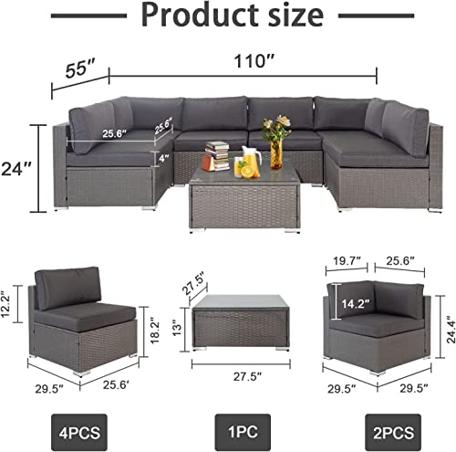 Oakcloud 7-Piece Outdoor Patio Furniture Sofa Set Grey Rattan Wicker Sectional Conversation Sets With Glass Top Table And Cushions(Grey) #TOP4