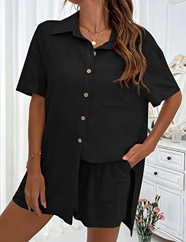 Image of APAFES Women Summer Cotton Linen Short Sets 2 Piece Shorts Top Lounge Beach Vacation Two Piece Outfits Tracksuits