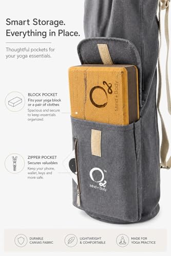 Image of O2 Yoga Mat Bag | Block Style Cotton Yoga Mat Carry Bag with Adjustable Double Straps | Yoga Block Pocket with Bottle Holder | Yoga Mat Cover Bag for Women & Men | Fits 2mm-10mm Mats - Dark Grey
