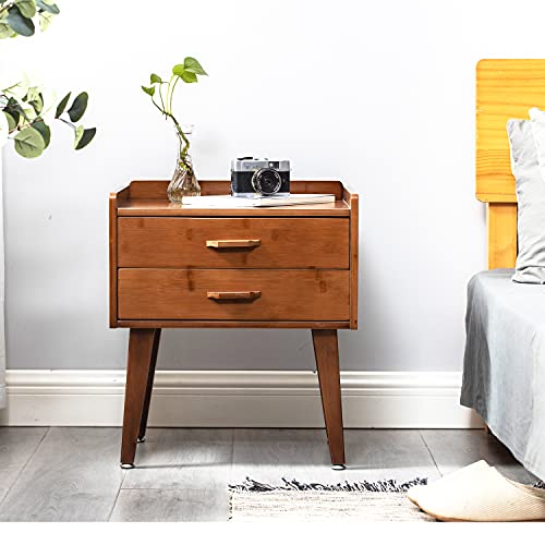 Maydear Bamboo Nightstand, End Table with Drawer, Bedside Table Sofa Side Table for Bedroom, Living Room, Brown