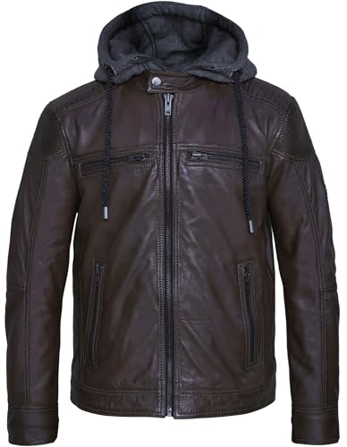 Bluepiel Herren Lederjacke Felix Bikerjacke Jacke aus Lammnappa Leder Abnehmbarer Hoodie-Kapuzen Übergangsjacke Echtlederjacke Freizeitjacke (DE/NL/SE/PL, Alphanumerisch, XXL, Regular, Regular, Braun)