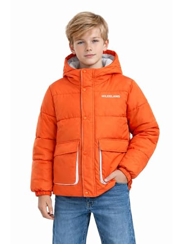 HILEELANG Kids Big Boys Lightweight Puffer Jacket with Hood Warm Light Weigh Water-Resistant Winter Coat for Kids 6-13, Bright Orange Safety Color