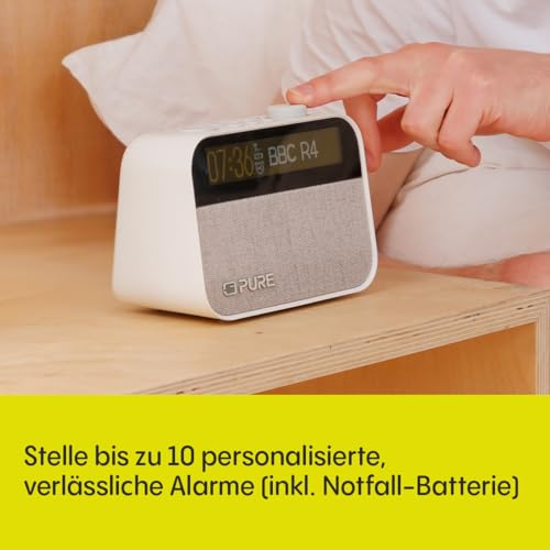 Pure Moment Radiowecker für Schlafzimmer & Büro (DAB+/FM Digital Radio, Bluetooth, White Noise Geräusche Einschlafhilfe, Wake Up Light Lichtwecker, Nachtlicht, Alarm, dimmbares Display) Weiß