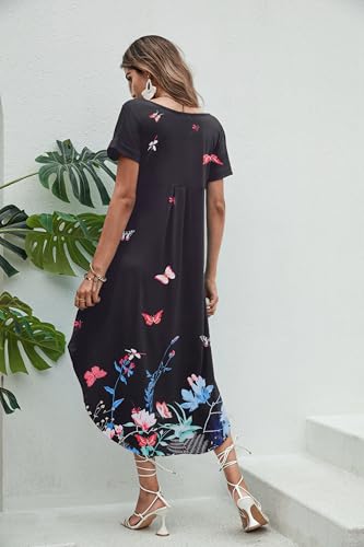 Image of Ekouaer Long Nightgowns for Women Short Sleeve House Dress with Pockets V Neck Sleepshirts Side Split Sleepwear S-4XL