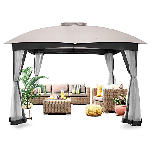 FAB BASED 10×10 Gazebo, Double Vent Canopy Outdoor Gazebo with Privacy Netting, Easy Setup Patio Pavilion with Steel Frame Strong Legs for Lawn, Backyard, Deck (Ash Grey)