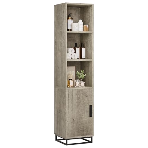GarveeHome Tall Bathroom Cabinet, 70" Narrow Storage Cabinet with Door and Adjustable Shelf, Open Storage Freestanding for Laundry Room, Kitchen, Living Room, Small Space, Grey