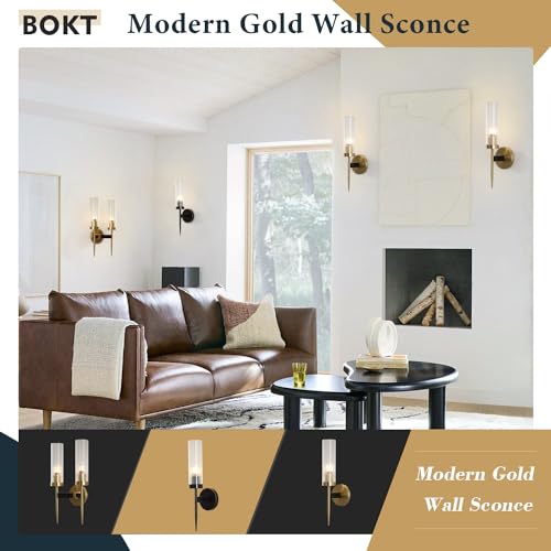 Image of BOKT Mid-Century Modern Indoor Crystal Wall Sconce Brushed Brass Gold 2-Lights Wall Sconce Lighting Clear Cylinder Glass Round Wall Sconce Long Bedroom Bedside Wall Light Lamp