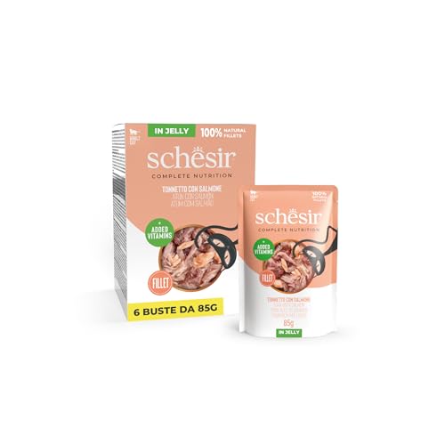 Schesir, Atún con Salmón en Gelatina, Alimento Húmedo Completo para Gatos, en sobre, Ingredientes 100% Naturales, Cruelty Free, 6 x 85g