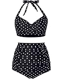 Holipick Black White Polka Dot High Waisted Bikini Set Two Piece Tummy Control Swimsuit Halter Top with Bottom Bathing Suit Vintage Swimwear