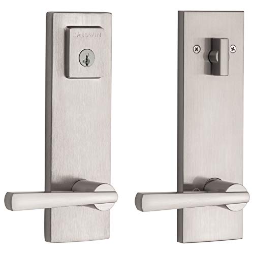 Baldwin Spyglass Single Cylinder Front Door Handleset Featuring SmartKey Security in Satin Nickel, Prestige Series with a Modern Contemporary Slim Door Handleset and Square Lever #1