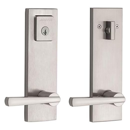 Baldwin Spyglass Single Cylinder Front Door Handleset Featuring SmartKey Security in Satin Nickel, Prestige Series with a Modern Contemporary Slim Door Handleset and Square Lever