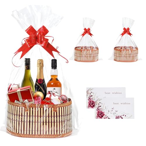 2 Set Baskets for Gifts Empty Bamboo with Handles for Baby Shower, Birthday Wrapping Gift, 2 Cellophane Wrap Bags and Ribbons, 2 Cards