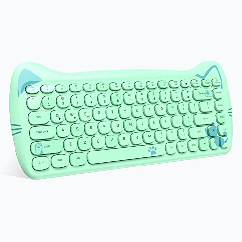 ZIYOU LANG 3060i Lindo Gato Teclado Inalámbrico,Teclado Office Bluetooth Silencioso y Slim, 80% Tecla Round Typewriter Retro, QWERTY Conexión de Dispositivos Múltiples para PC, Laptop, Mac-Verde