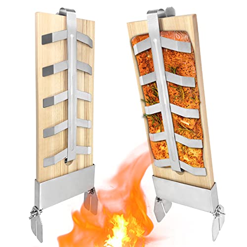 VA-Cerulean Flammlachsbrett Flammlachsbretter mit Edelstahl Halterung 2 Stücke Zedernholzbrett zum Grillen 5 Stufen Einstellbar Grillbretter Für Feuerschale kugelgrill Grillzubehör Cover