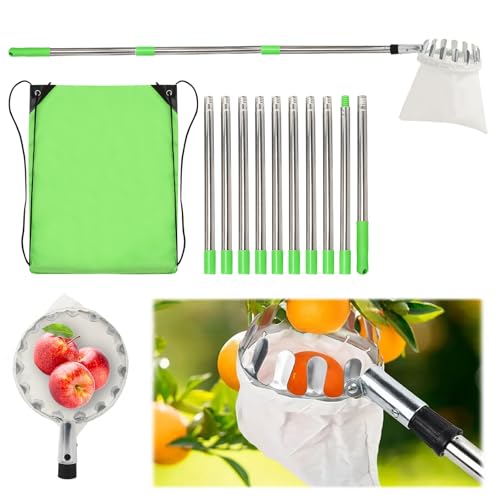 Recoge Frutas Telescopico 4m, Recogedor de Frutas Diámetro de 16 cm Recoge Frutas de Árboles con Bolsa de Tela Frutas Herramientas Recolectoras para Manzanas, Naranjas, Peras