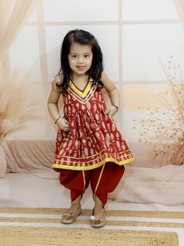Image of BownBee Halter Neck Pure Cotton Fish Print Kurti with Harem for Girls- (Set of 1) Solid /Printed colorful full length fully stitched regular fit Ethnic wear dress for Kids