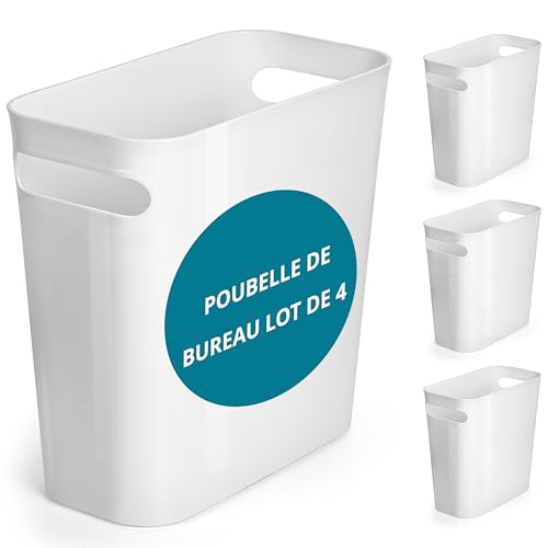 Winter Shore Petite Poubelle Blanche 6L (Lot de 4) - Corbeille Papier en Plastique Fine avec Poignées Intégrées - Poubelle Bureau, Chambre, Salle de Bain,...