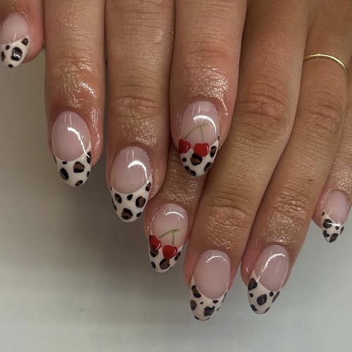 24pcs Short Almond Press on Nails - Leopard Print French Tip Design With Glue - 12 Sizes Cherry Pattern Full Cover Stick on for Women Girls