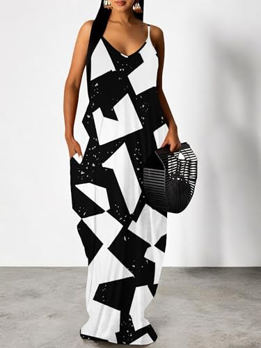 Image of SUZONANA Women's Plus Size Summer Dresses Spaghetti Print Midi Dresses Long Loose Sundresses