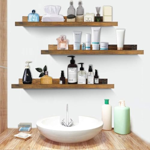 Image of Floating Shelves Wall Mounted Set of 3, Rustic Large Wall Shelves Picture Ledge Shelf for Bedroom | Living Room | Bathroom Kitchen, 3 Different Sizes