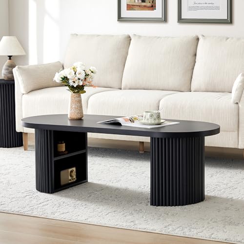 AVZEAR Oval Fluted Coffee Table for Living Room, Mid Century Modern Coffee Table with Storage, Curved Round Wooden Center Table for Home, Office, Cafe, Black(47.24