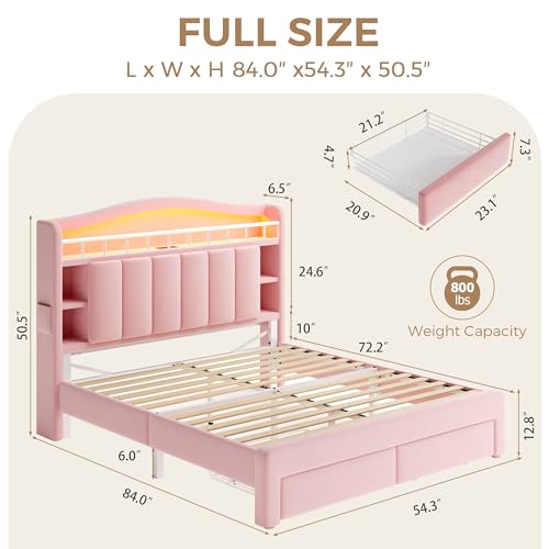 Image of Pink Full Size LED Bed Frame with Storage Headboard, Upholstered Velvet Wood Princess Bed for Girls with 5 Charging Ports (USB-C & AC), Hidden Compartment, Sturdy Aluminum Frame & 2 Silent Drawers