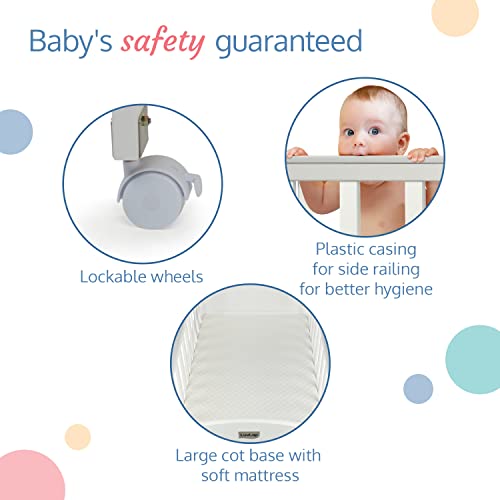 Image of LuvLap Cot C-65 Wooden Baby Cot for Kids with Mattress, 3 Level height adjustment, Convertibleinto low toddler bed, Made of New Zealand Pine Wood, Suitable for Newborn babies (White)