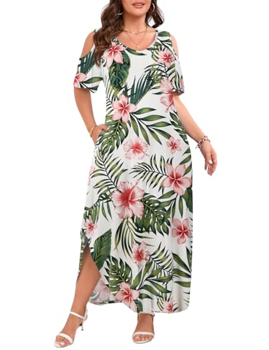 Image of JollieLovin Womens Plus Size Casual Summer Maxi Long Dress Cold Shoulder V Neck Beach Sundresses