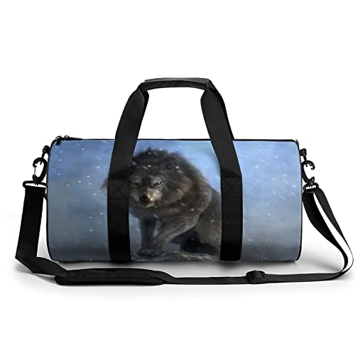 深い青色の目を持つダイアウルフ ジムバッグ 円筒型 のスポーツバッグ ハンドバッグヨガフィットネスショルダーバッグトートを