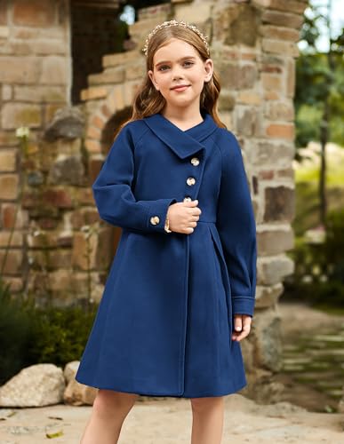 Image of GRACE KARIN Girls Dress Coat Kids Wool Lapel Long Button Jackets Fall Winter Outerwear Peacoat with Pockets 5-12Y